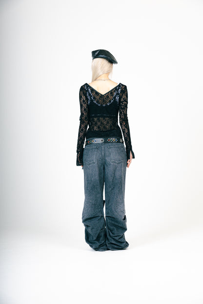 LACE V NECK TOPS（BLACK）