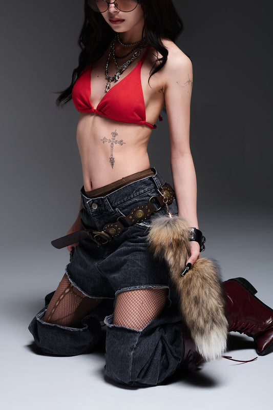 DENIM CUT-OUT PANTS (BLACK)