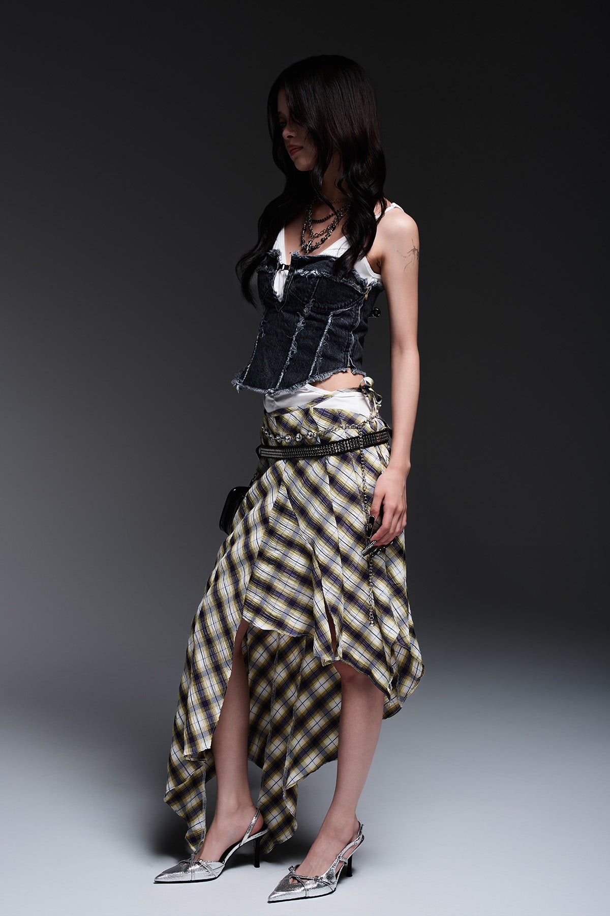 CHECK ASYMME SKIRT(NAVY✖️YELLOW)