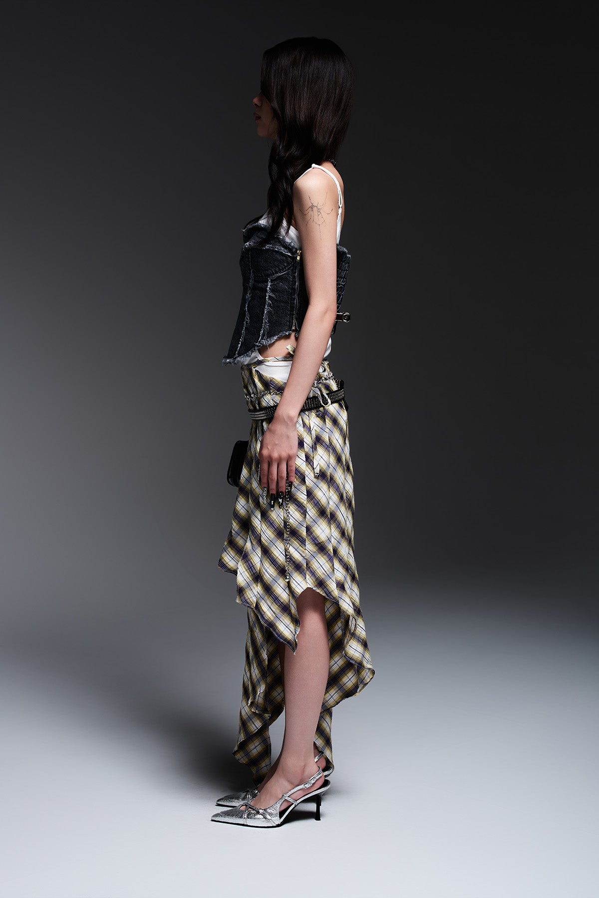 CHECK ASYMME SKIRT(NAVY✖️YELLOW)